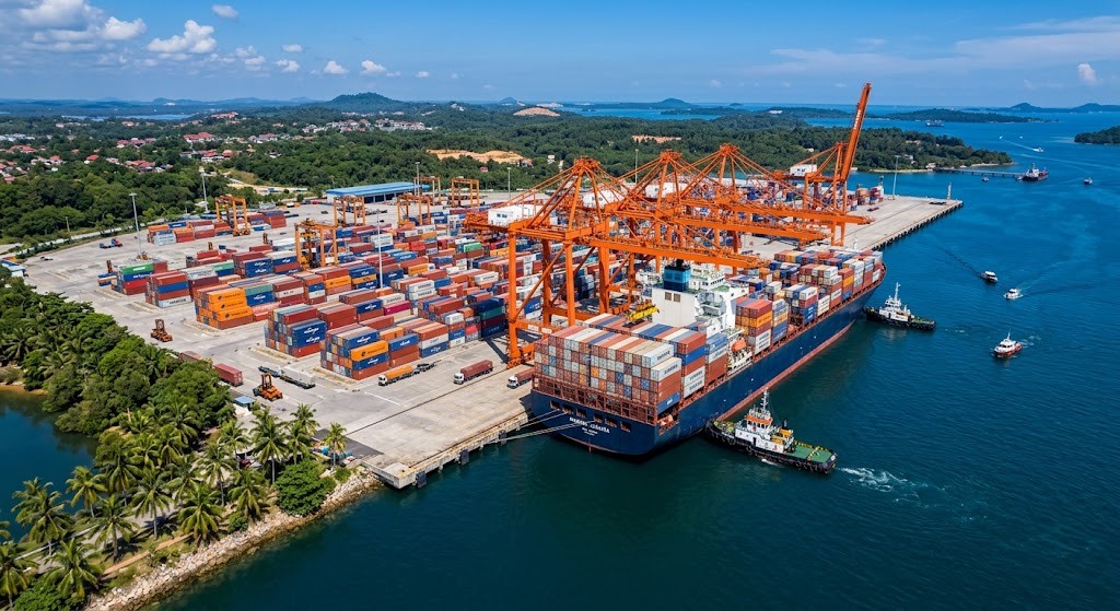 Batam International Container Terminal with modern cranes and shipping vessels