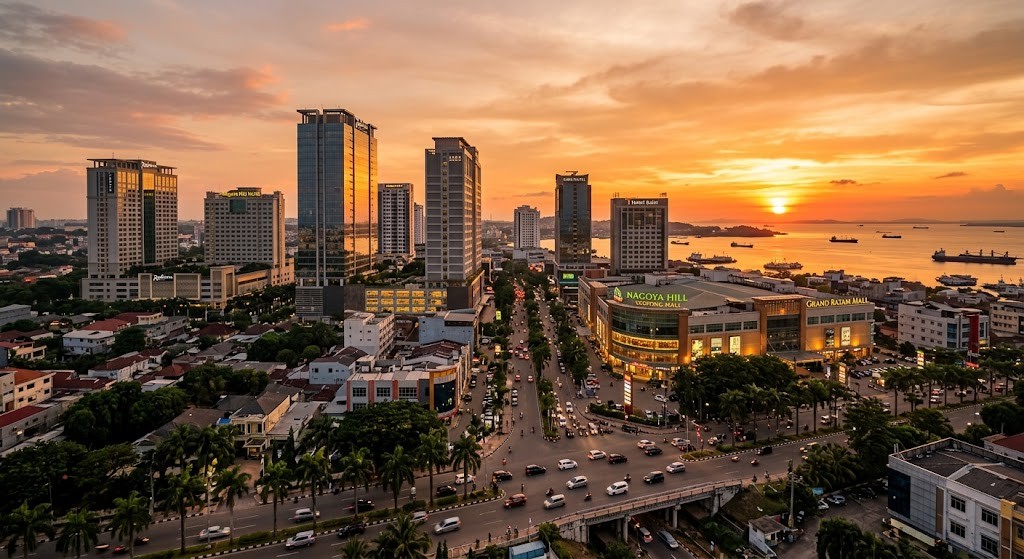 Batam city skyline at golden hour showing modern development and infrastructure